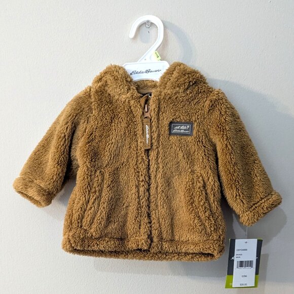 NWT Eddie Bauer Baby Sherpa Fleece Jacket 0–3M Bronze Bear Ear Hood Zip Front - Picture 1 of 3
